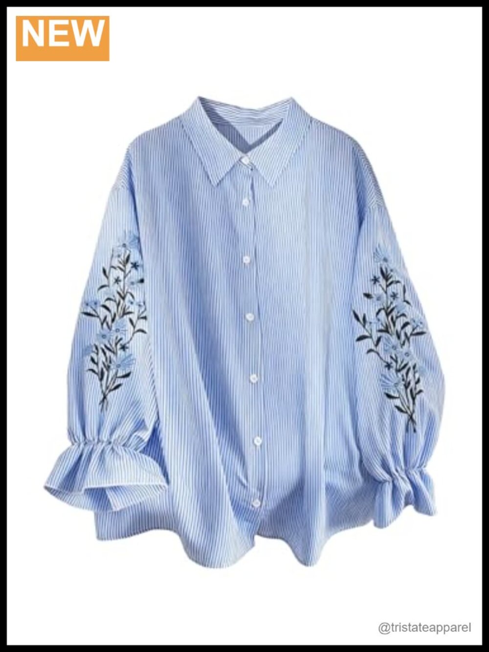 Plus Size Striped Floral Embroidered Button Down Shirt Collared Lantern Sleeve